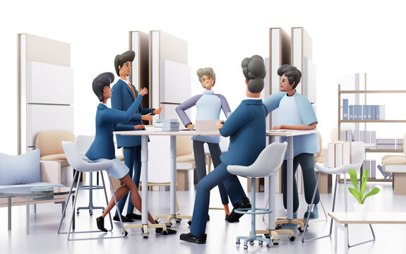 Group of business people collaborating on a project by a desk, talking and sharing ideas. 3D rendering illustration	
