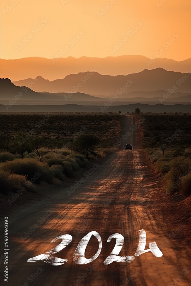 Poster number 2024 on empty road in the desert with mountains in the background at sunset, ai generative ne