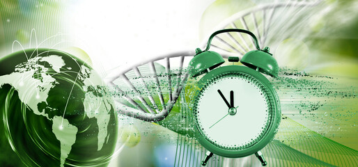 image of a collapsing clock from which particles come off against the background of stylized DNA chains and the planet Earth