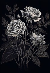 Black and white roses on black background. AI generated