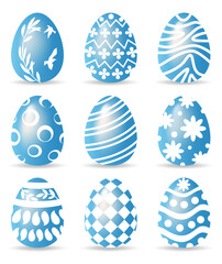 Set of blue easter eggs with the pattern set. Glossy style on white background. Vector illustration.