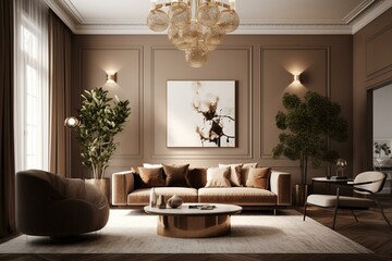 Luxury living room in brown beige colors. Ivory empty walls, warm tone and lounge furniture taupe chair and rich sofa. Space for art or picture. Mockup home room or lounge hall. 3d. Generative AI
