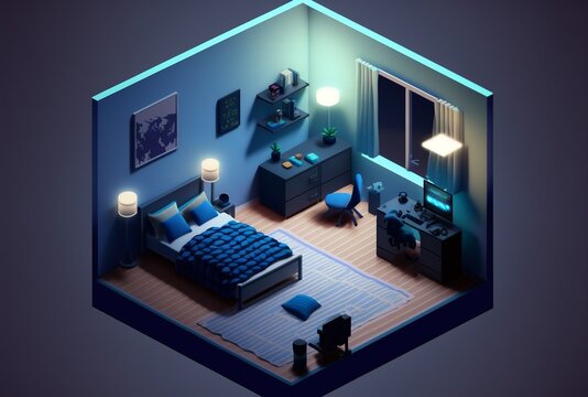 3d render isometric dark blue modern bedroom. AI generated