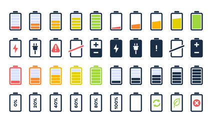 Set of battery charge indicator icons, Battery icons, Charging level batteries charge indicator, alkaline tags rechargeable levels.