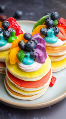 Obraz na płótnie Canvas Rainbow pancakes with fruits and whipped cream, AI generative multi-color food