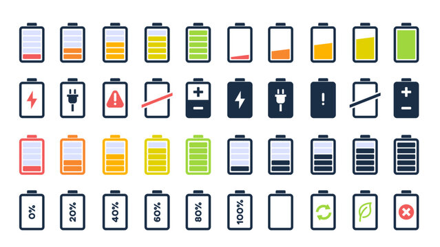 Set of battery charge indicator icons, Battery icons, Charging level batteries charge indicator, alkaline tags rechargeable levels.