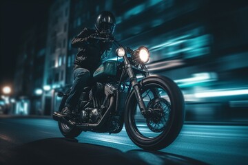 Obraz na płótnie Canvas biker riding on high speed blurred motion creative light trails. Generative AI