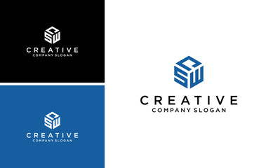modern letter SWP logo or PSW with cube polygon shape vector template