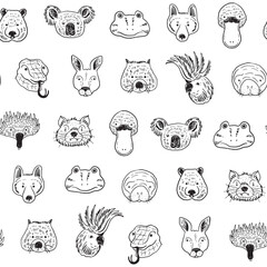 Australian animals faces vector line seamless pattern.