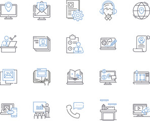 Corporation teamwork outline icons collection. Cooperation, Collaboration, Synergy, Synchronization, Coordination, Groupwork, Collectiveness vector and illustration concept set. Jasmine, Alliance