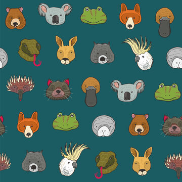 Australian animals faces vector seamless pattern.