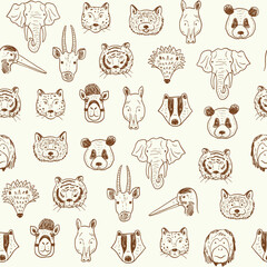 Asian animals funny faces vector line seamless pattern.