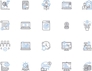 Business and finance outline icons collection. Finance, Business, Investment, Banking, Accounting, Management, Capital vector and illustration concept set. Economics, Stock, Wealth linear signs