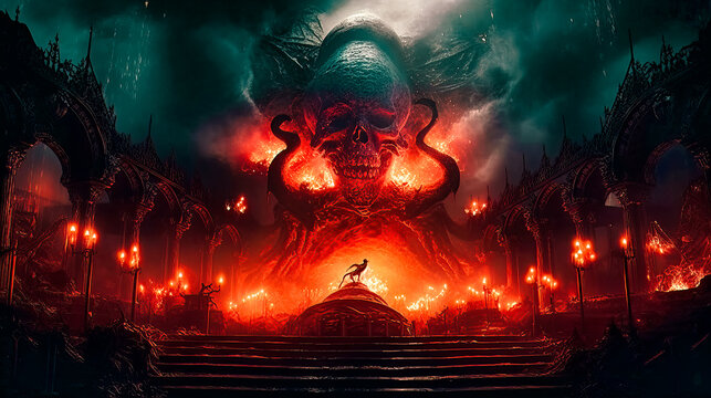 Steps leading to the gates of hell with large skull, Ai generated art illustration.