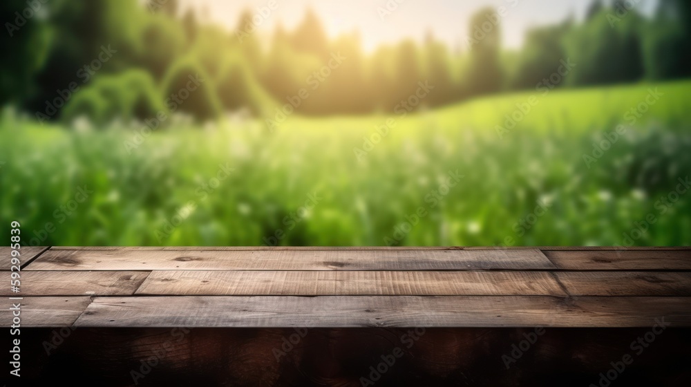Aufkleber wooden table in front of blurred background with bokeh effect, generative ai