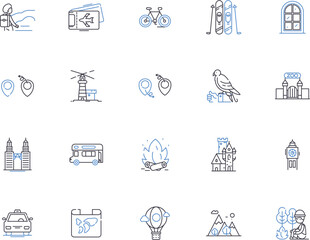 World travel outline icons collection. tourism, journey, trips, explorer, expeditions, wanderlust, cruises vector and illustration concept set. explorer, flight, excursions linear signs