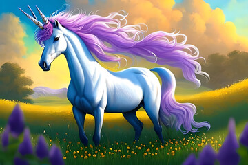 Fototapeta na wymiar A cute unicorn on the landscape, garden