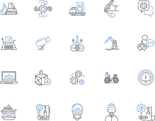 Mechanics outline icons collection. Mechanics, Repair, Motor, Automotive, Engineering, Torque, Friction vector and illustration concept set. Restitution, Dynamics, Force linear signs
