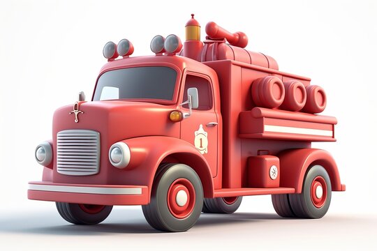 fire truck cute cartoon on white background generative ai