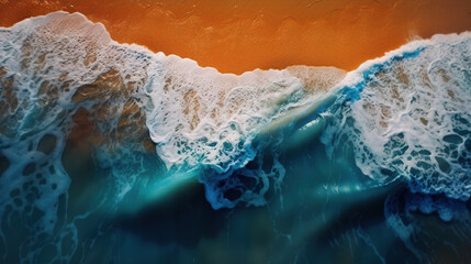 Orange sandy beach and turquoise sea waves roll on shore, AI generative illustration of coastline from above