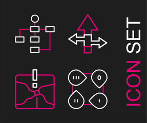 Set line Infographic element, Intersection point, Arrow and Hierarchy organogram chart icon. Vector