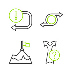 Set line Arrow, Mountains with flag, and icon. Vector