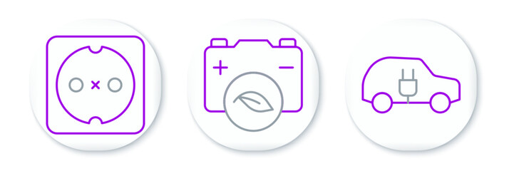 Set line Electric car, Electrical outlet and Eco nature leaf battery icon. Vector