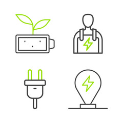 Set line Charging parking electric car, Electric plug, Car mechanic and Eco nature leaf battery icon. Vector