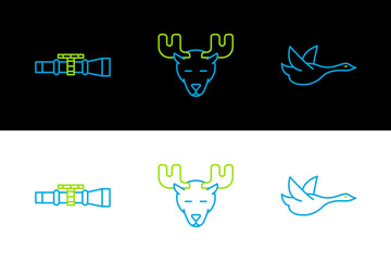 Set line Flying duck, Sniper optical sight and Moose head with horns icon. Vector