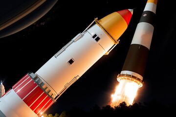 Ultra-realistic image of the Saturn V rocket taking off at night made with Generative AI technology