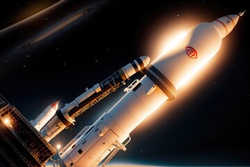 Ultra-realistic image of the Saturn V rocket taking off at night made with Generative AI technology
