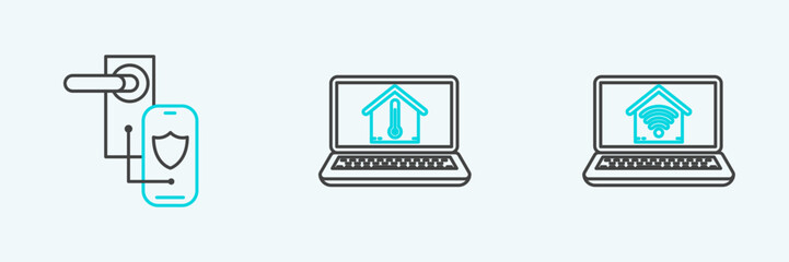 Set line Laptop with smart home with wi-fi, Digital door lock wireless technology for lock and house temperature icon. Vector