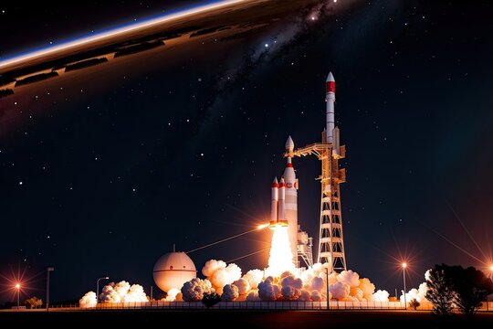 Ultra-realistic image of the Saturn V rocket taking off at night made with Generative AI technology