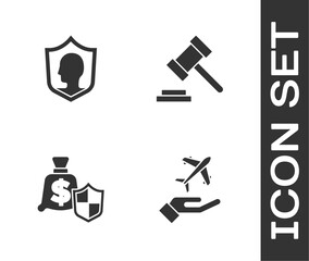 Set Plane in hand, Life insurance with shield, Money and Judge gavel icon. Vector