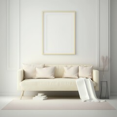 Empty picture frame above couch in minimalist surrounding created with Generative AI technology