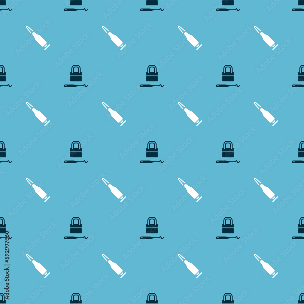 Poster set lock picks for lock picking and bullet on seamless pattern. vector