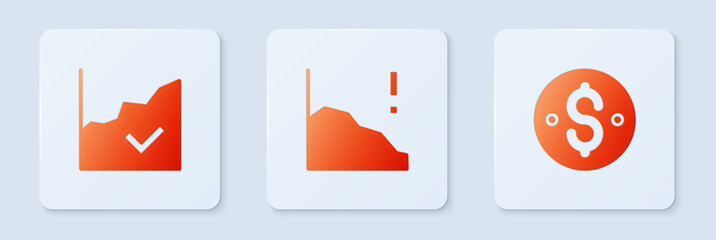 Set Financial growth decrease, increase and Dollar symbol. White square button. Vector