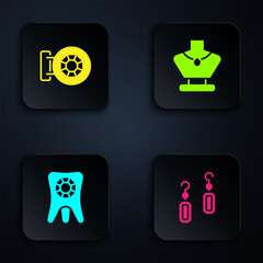 Set Earrings, Jewelry store, Tooth with diamond and Necklace mannequin. Black square button. Vector