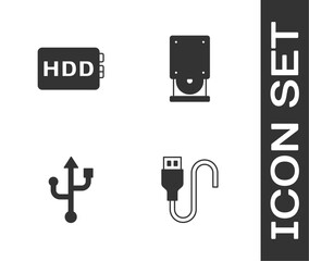 Set USB cable cord, Hard disk drive HDD, and Optical disc icon. Vector
