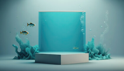 Empty minimalist podium with underwater plants, decor and fish. Display stand for cosmetic, technical and other products. Natural blue backdrop. AI Generative Content