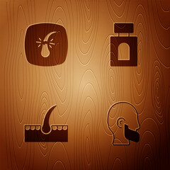 Set Mustache and beard, Broken hair follicle, Human and Aftershave on wooden background. Vector