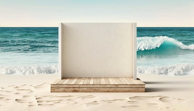 Wooden empty square podium on sand, beach with summer sea on background. Mockup for a summer, ocean theme with copy space. Showcase for product demonstration. AI Generative Content