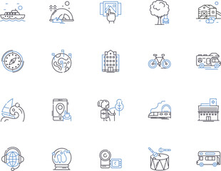 World travel outline icons collection. tourism, journey, trips, explorer, expeditions, wanderlust, cruises vector and illustration concept set. explorer, flight, excursions linear signs