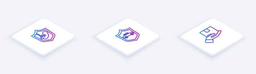 Set Isometric line Life insurance with shield, Car and Delivery. White square button. Vector