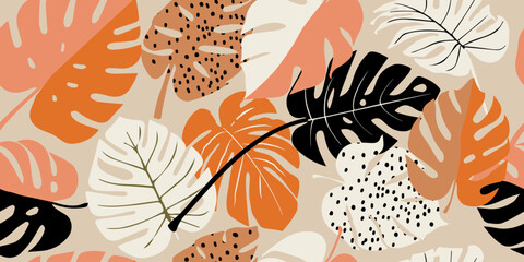 Monstera leaf seamless pattern, hand drawn botanical, spring and Summer time, green style, natural ornaments for textile, fabric, wallpaper, background. © Udomdech