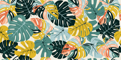 Monstera leaf seamless pattern, hand drawn botanical, spring and Summer time, green style, natural ornaments for textile, fabric, wallpaper, background.