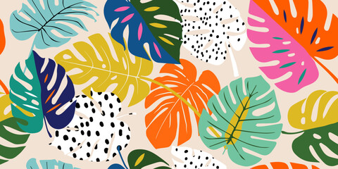 Monstera leaf seamless pattern, hand drawn botanical, spring and Summer time, green style, natural ornaments for textile, fabric, wallpaper, background. © Udomdech