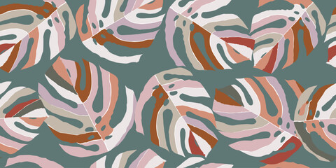 Monstera leaf seamless pattern, hand drawn botanical, spring and Summer time, green style, natural ornaments for textile, fabric, wallpaper, background. © Udomdech