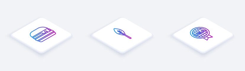 Set Isometric line Burger, Indian feather and Medal with star. White square button. Vector