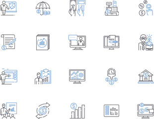 Accounting outline icons collection. Accounting, Bookkeeping, Reconciliation, Budgeting, Auditing, Taxes, CPA vector and illustration concept set. Financial, Financials, Cashflow linear signs